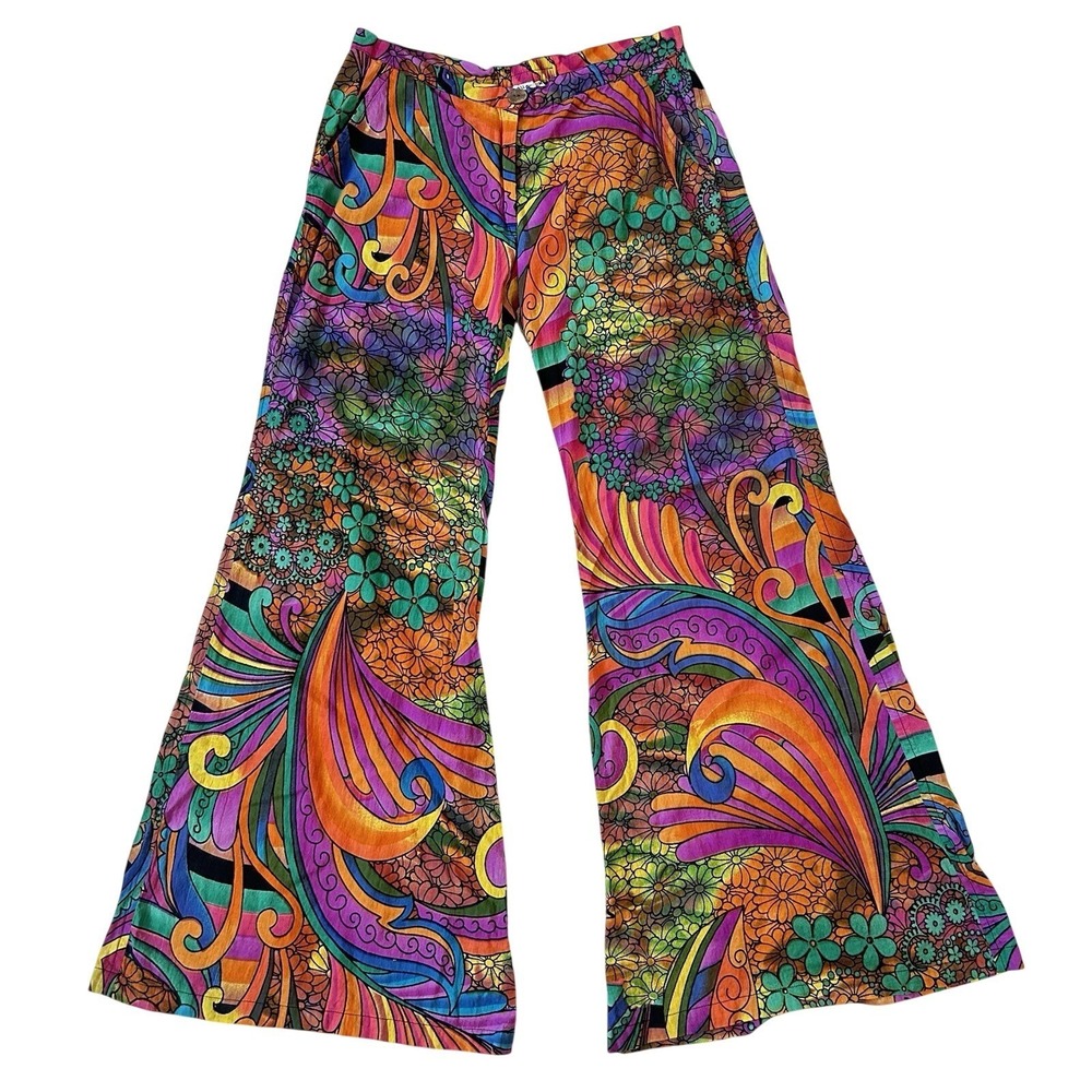 Aller Simplement Floral Flare Pants Sz S/M Boho Hippie Psychedelic Floral Cotton